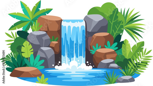 Tropical waterfall flowing into blue pond surrounded by lush greenery