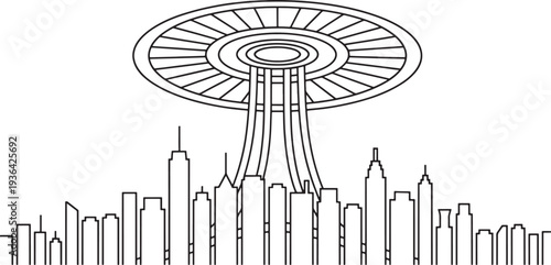 City building line art UFO futuristic vector illustration background
