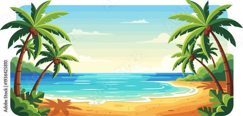 Wide sandy shore with palm trees and blue ocean