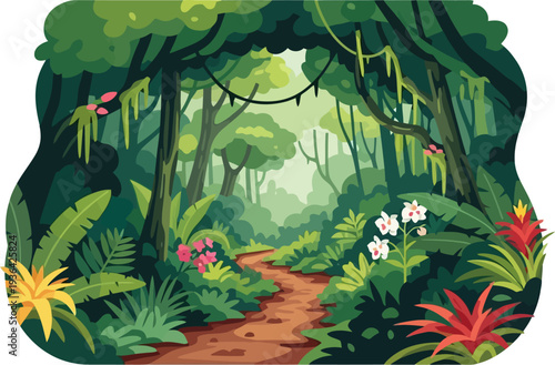 Winding dirt path leads through dense tropical rainforest