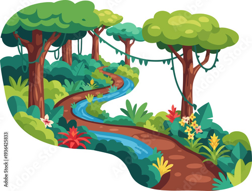 Winding river path through tropical jungle