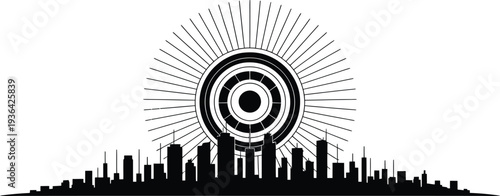City skyline sun rays abstract vector art modern graphic design background
