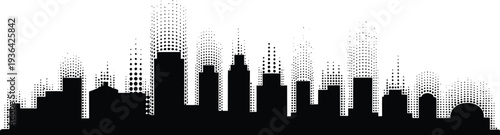City skyline silhouette with halftone dot pattern on top of buildings on transparent background
