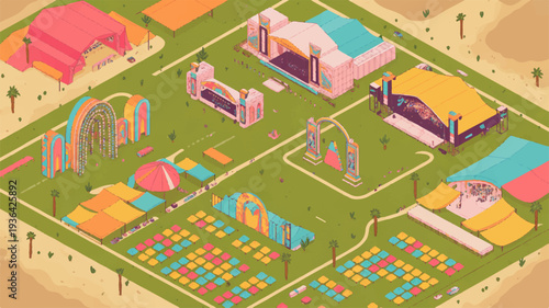 Vibrant festival grounds with colorful tents and booths on green field at sunny daytime