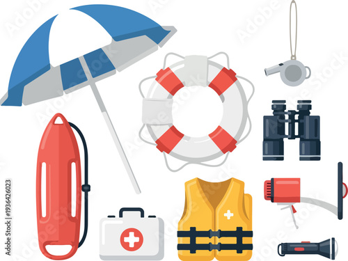 Collection of beach safety and adventure equipment displayed neatly on a white surface from a top-down viewpoint