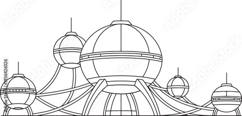 Futuristic city architecture outline illustration with flying saucers and domes on transparent background