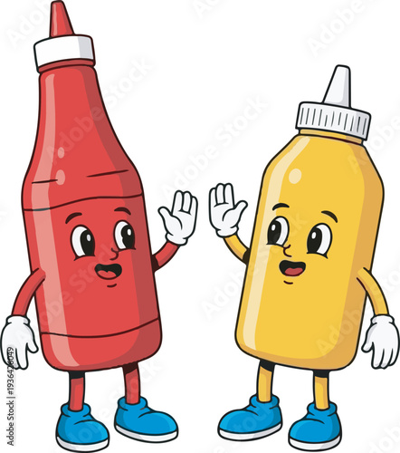 Cute Cartoon Ketchup and Mustard Bottles High-Fiving Vector Illustration for Fast Food, BBQ, and Restaurant Branding
