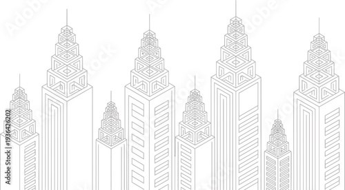 Isometric skyscraper skyline with textured building facades and minimalist architectural design