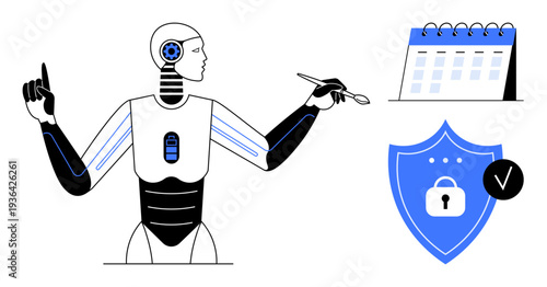Artificial intelligence concept. AI managing tasks with calendar and safeguarding data with security shield. Artificial intelligence blending task management and data security. For technology