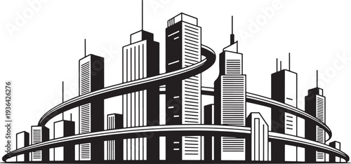 Modern city skyline with highway silhouette on transparent background for urban design project