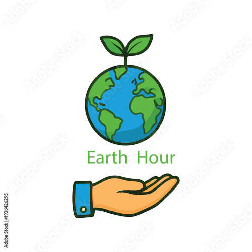 Earth Hour globe with leaves hand illustration
