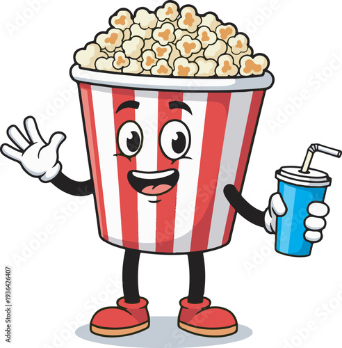 Happy Cartoon Popcorn Bucket Character Vector Illustration Holding Blue Soda Drink for Cinema, Movie Night, or Snack Time