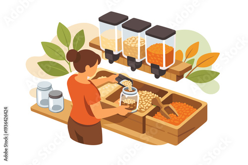 Woman scooping grains from bulk dispenser for zero waste shopping.