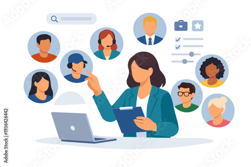 Woman selecting team members from a diverse group of people.