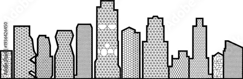 Skyscraper silhouettes filled with geometric patterns, cuboid and triangular textures, vector art