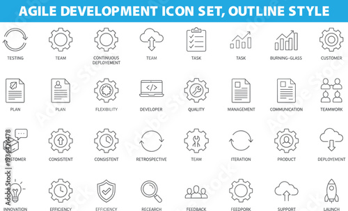 Agile development icon set, outline style, teamwork, continuous deployment, task management, iteration, feedback, productivity, software workflow graphics collection