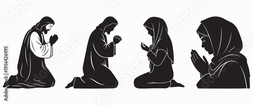 Christian People Praying Group Good Friday Worship Silhouette Isolated White Background