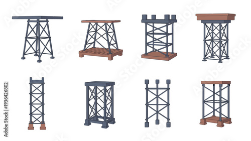 Collection of industrial metal truss towers and stands