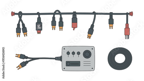 Collection of audio and video cables and connectors with a small device