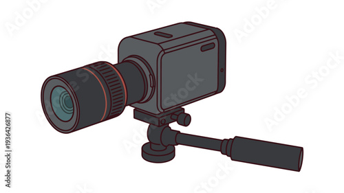 Modern compact digital camera with a large lens mounted on a tripod