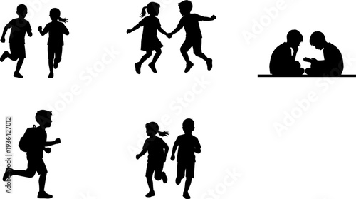 Kids running and playing silhouette set, children activity collection isolated on white background, childhood lifestyle illustration for education design