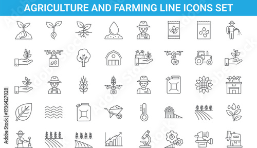 Agriculture and farming line icons set, crops, farmer tools, smart farming, plant growth, rural technology, eco agriculture symbols