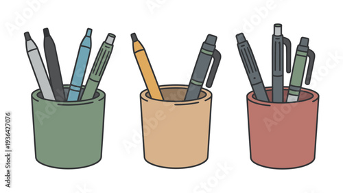 Three cups filled with pens and pencils in a simple drawing style