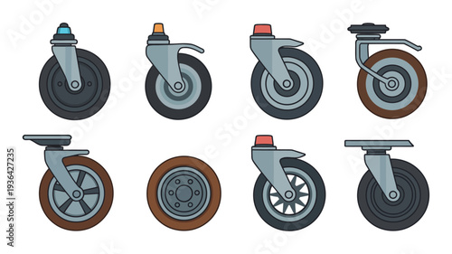 Collection of eight different types of industrial and furniture casters wheels
