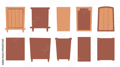 Collection of vintage wooden wardrobes and cabinets in various styles