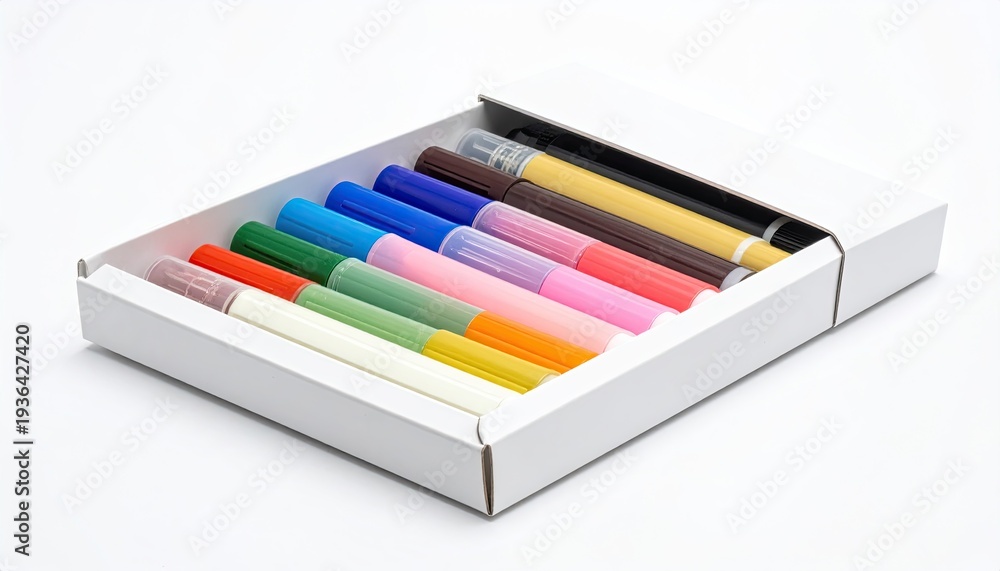 Naklejka premium Angled shot of a white box containing a row of colorful felt-tip pens