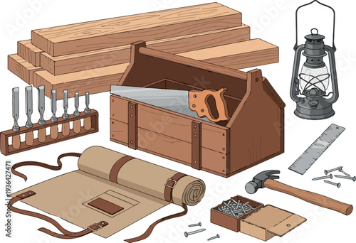 Collection of carpentry tools laid out around an open wooden toolbox, displayed on a clean surface.
