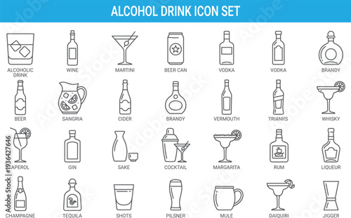 Alcohol drink icon set, cocktail and liquor symbols, wine beer vodka rum, bar menu, nightlife vector outline collection pack