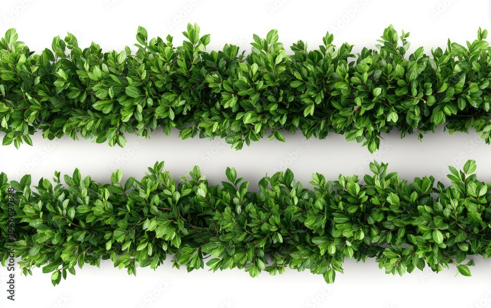 Obraz premium Two rows of vibrant green foliage with small leaves, against a stark white backdrop