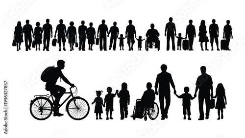 A group of people in silhouette walking and riding a bicycle