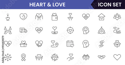 Heart and love icons depicting love, romance, affection, emotions, relationships, care, passion, dating, feelings, kindness, compassion, friendship, support, wellness, and connection.