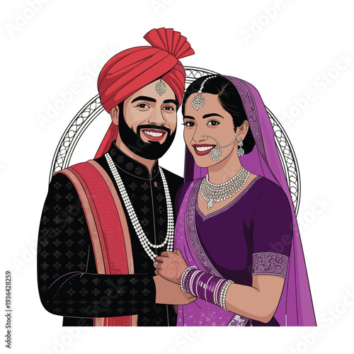 Sikh wedding couple in black and purple