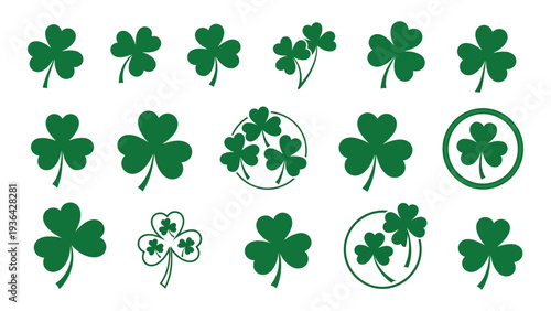 A collection of green clover leaf icons in various styles and designs