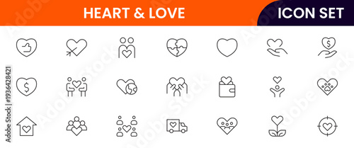 Heart and love icons depicting love, romance, affection, emotions, relationships, care, passion, dating, feelings, kindness, compassion, friendship, support, wellness, and connection.