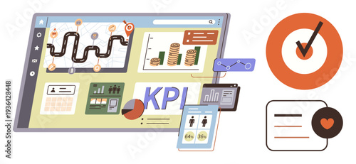 Business management, data analysis, performance tracking, digital marketing, workflow optimization, financial metrics. Interactive dashboard with KPI charts and data visuals. Business analytics
