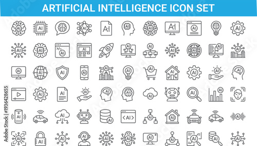 Artificial intelligence icon set, outline style, machine learning symbols, technology collection, digital brain, robot, cloud, analytics, automation graphics, bundle pack