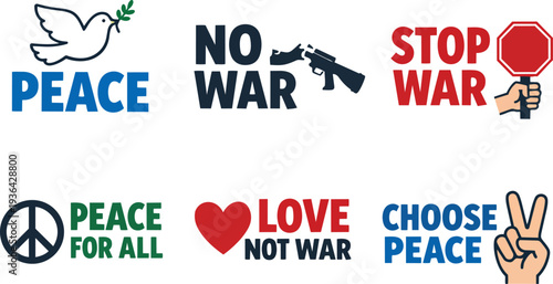 Anti war and peace protest symbol set including stop war hand sign, no war rifle prohibition symbol, peace sign, dove with olive branch, choose peace heart symbol and end war explosion icon. Flat vect