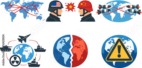 Global geopolitical conflict concept set with world map, military tension, nuclear threat and international crisis symbols flat vector illustration