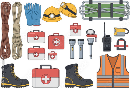 Safety equipment and emergency supplies arranged neatly on a flat surface, including helmets, gloves, first aid kits, and rescue gear