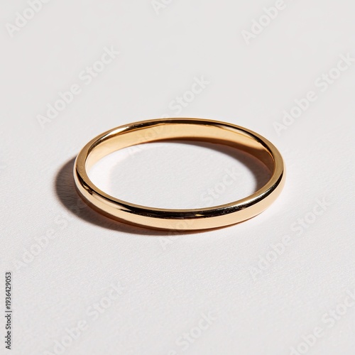 Golden band ring on white background; top-down view; simple elegance