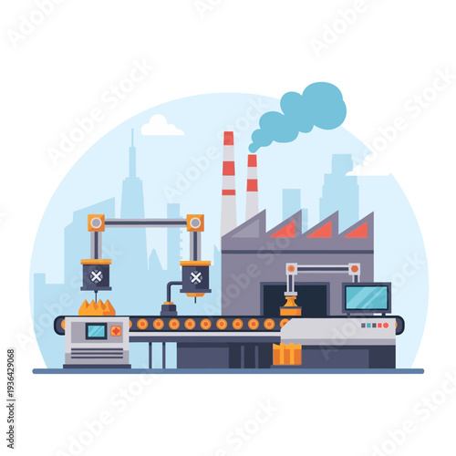 Automated factory production line with robotic arms and conveyor belt, industrial manufacturing concept