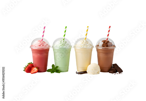 Milkshakes of assorted flavors in plastic cups, featuring ingredients isolated against a white backdrop.
