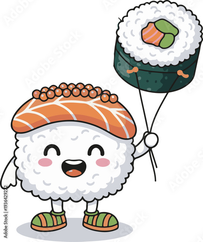 Cute cartoon sushi character holding a maki roll balloon, featuring a happy nigiri with salmon and roe, perfect for Asian food branding, restaurant menus, or kawaii-themed designs.