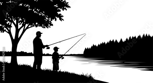 father and son fishing in the lake silhouette