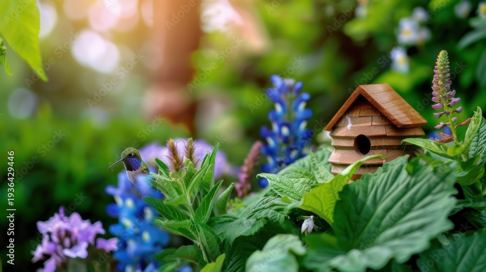 Fototapeta premium Beautiful Hummingbird Near Wooden Birdhouse Surrounded by Colorful Blossoms in Lush Green Garden Setting