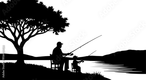 father and son fishing in the lake silhouette